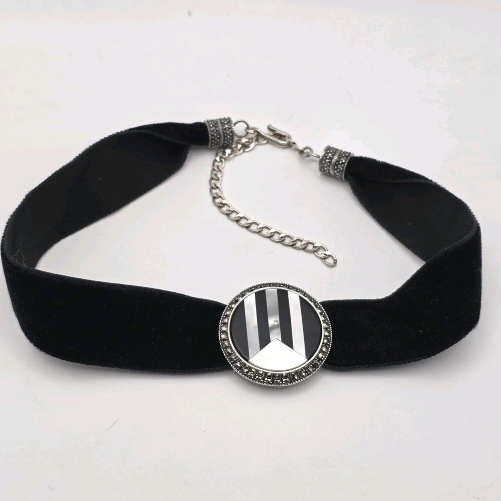 Judith Jack Sterling Silver Onyx MOP Velvet Choker Necklace 21.36g 13” +4" ext.